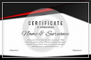 Certificate template in elegant black and red colors. Certificate of appreciation, award diploma design template