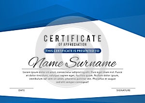 Certificate template in elegant blue color with abstract borders, frames. Certificate of appreciation, award diploma