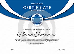 Certificate template in elegant blue color with medal and abstract borders, frames. Certificate of appreciation, award diploma des