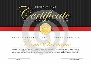 Certificate template in elegant dark blue colors with golden medal. Certificate of appreciation, award diploma design template