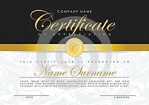 Certificate template in elegant dark blue colors with golden medal. Certificate of appreciation, award diploma design template.