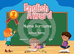 Certificate template for english award with kids studying in background