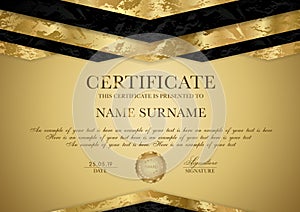 Certificate template with geometry frame and gold badge. Luxury gold background design for Diploma