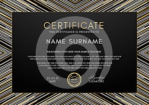 Certificate template with geometry gold, black, silver line frame and badge on black background