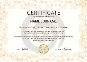 Certificate template with gold emblem. Design for Diploma, certificate of appreciation, certificate of achievement