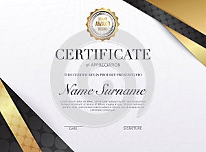 Certificate template with golden decoration element. Design diploma graduation, award. Vector illustration.