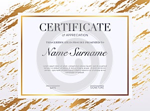 Certificate template with golden decoration element. Design diploma graduation, award. Vector illustration