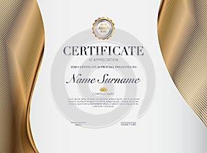 Certificate template with golden decoration element. Design diploma graduation, award. Vector illustration