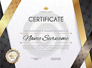 Certificate template with golden decoration element. Design diploma graduation, award. Vector illustration.