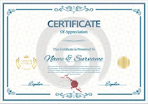 Certificate template with golden seal vector illustration