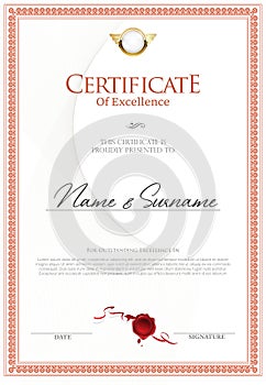 Certificate template with golden seal vector illustration