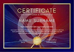 Certificate template with Guilloche pattern lines, frame border and gold medal