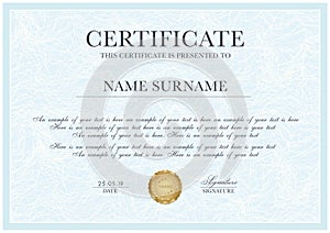 Certificate template with Guilloche pattern, silver frame border and gold award