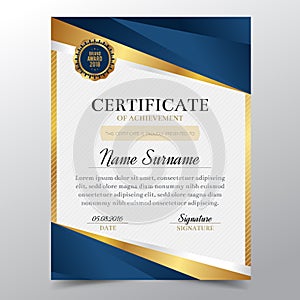 Certificate template with Luxury golden and blue elegant design, Diploma design graduation, award, success.Vector illustration