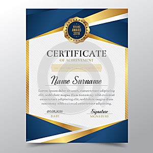 Certificate template with Luxury golden and blue elegant design, Diploma design graduation, award, success.Vector illustration