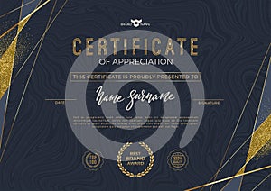 Certificate template with luxury golden elements on marble texture. Diploma template design.