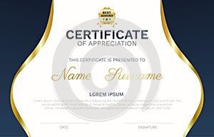 Certificate template modern wave curve lines frame border with best award gold badge vector