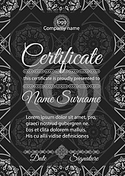 Certificate template with ornamental seamless pattern