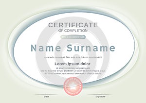 Certificate template with oval shape background. Certificate of completion, award diploma design template