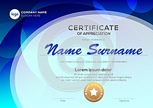 Certificate template with oval shape on blue background. Certificate of appreciation, award diploma design template.