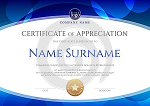 Certificate template with oval shape on blue background. Certificate of appreciation, award diploma design template.