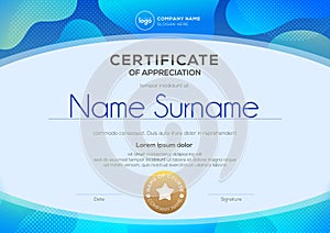 Certificate template with oval shape on blue background. Certificate of appreciation, award diploma design template.