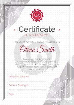 Certificate Template. Polygonal Style. Diploma Of Completion Vector Illustration. Abstract Geometrical Design.