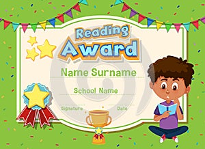 Certificate template for reading award with kids reading books in background