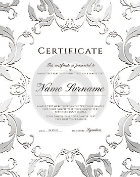 Certificate template, silver border. Editable design for Diploma, certificate of appreciation