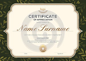 Certificate template with vintage frame on dark green floral leaf pattern background. Certificate of appreciation, award diploma