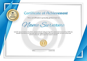 Certificate white line border. Blue gradient triangles on white background. Certificate blank, Vector illustration