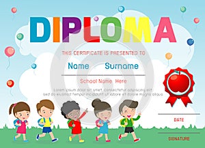 Certificates kindergarten and elementary, Preschool Kids Diploma certificate pattern design template, Diploma template