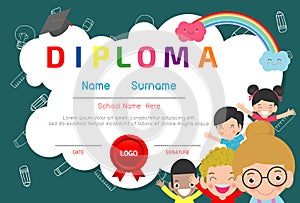 Certificates kindergarten and elementary, Preschool Kids Diploma certificate pattern design template, Diploma template