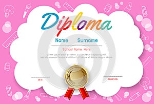 Certificates kindergarten and elementary, Preschool Kids Diploma certificate pattern design template, Diploma template