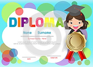 Certificates kindergarten and elementary, Preschool Kids Diploma certificate pattern design template, Diploma template