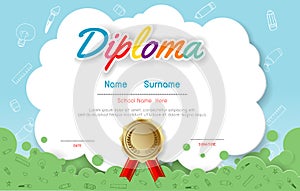 Certificates kindergarten and elementary, Preschool Kids Diploma certificate pattern design template, Diploma template