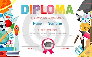 Certificates kindergarten and elementary, Preschool Kids Diploma certificate pattern design template, Diploma template photo