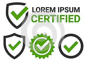 Certification badges. A set of vector icons confirming the high quality of the product. Green check marks in a frame