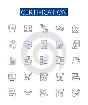 Certification line icons signs set. Design collection of Certificate, Credential, Licensed, Qualified, Approved