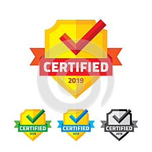 Certified badge with shield, ribbon and checkmark - business symbol. Vector sign of origin and quality.