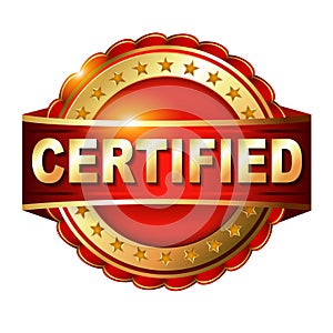 Certified guarantee golden label with ribbon.