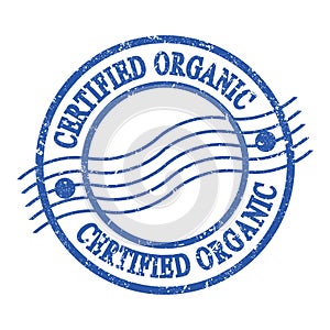 CERTIFIED ORGANIC, text written on blue postal stamp