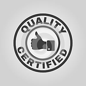 The certified quality and thumbs up icon. Approval, approbation, certification, accepted symbol. Flat