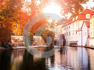 Certovka, Devil River, with watermill wheel at Kampa Island, Prague, Czech Republic.