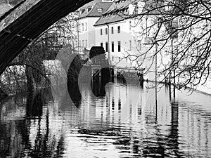 Certovka, Devil River, with watermill wheel at Kampa Island, Prague, Czech Republic.