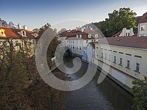 Certovka river, Devil`s Channel, also called Little Prague Venice between Kampa island and Mala strana in Czech Republic Prague w