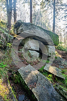 Certuv stul rock fomation on Certuv mlyn hill in Moravskoslezske Beskydy mountains in Czech republic