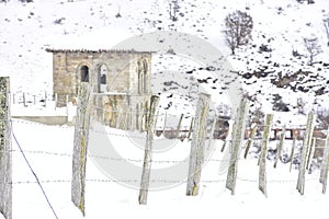 Cervatos, Cantabria, Spain; 1-19-2019; views of the church, its bell tower and trees surrounded by snow