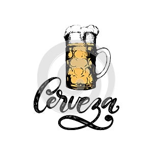 Cerveza, vector hand lettering. Translation from Spanish of word Beer. Hand drawn illustration of glass beer mug.