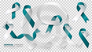 Cervical Cancer Awareness Month. Teal And White Ribbon Isolated On Transparent Background. Vector Design Template For